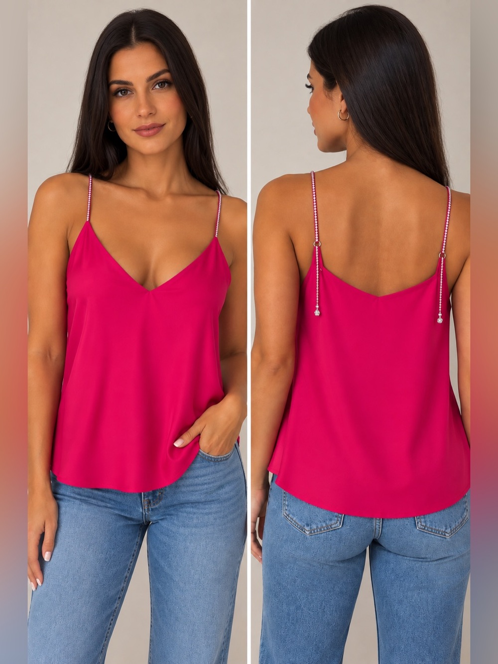 Rhinestone-Trim Fuchsia V-Neck Camisole